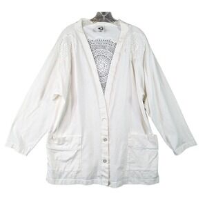 Picozzi Cardigan Sweater Women's Size M White Crochet Embroidered Lagenlook Boho